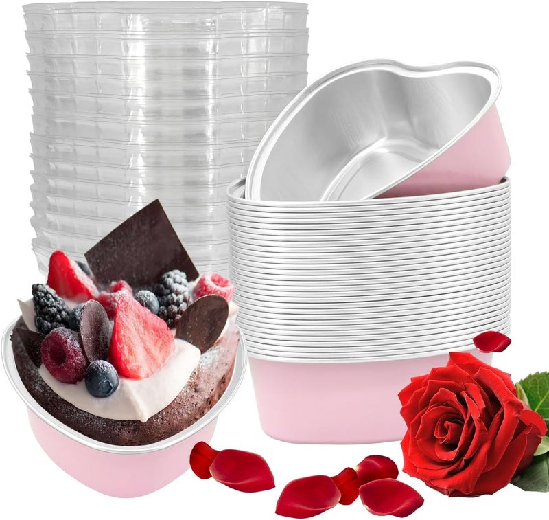 EQUNROY 30 Pcs Heart Shaped Cake Pans with Lids, Mini Pink Aluminum Foil Baking Tins 3.4 Oz, Disposable Cupcake Containers for Valentine's Day, Mother's Day, Wedding, Party - Image 1